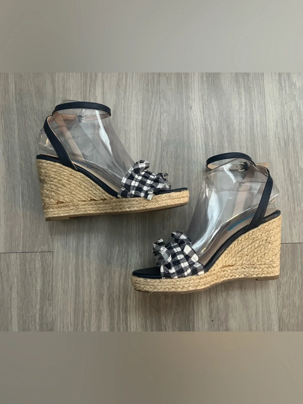 Draper James Gingham Ruffle Espadrille Wedge Sandals Size 7 Ankle Strap Preppy